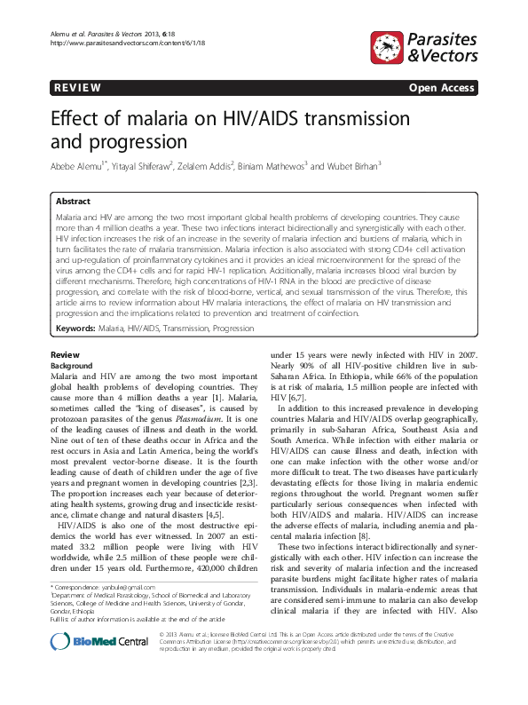 (PDF) Effect of malaria on HIV/AIDS transmission and progression