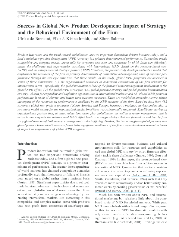 (PDF) Success in Global New Product Development: Impact of Strategy and ...