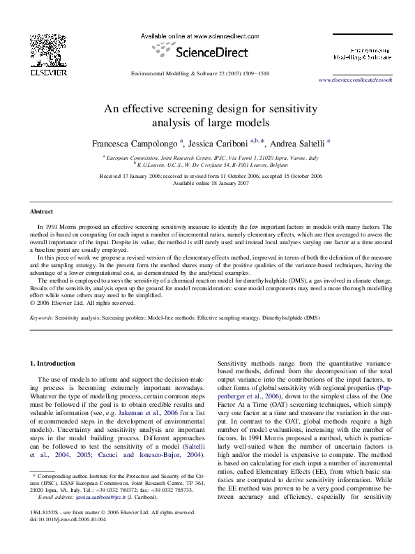 (PDF) An effective screening design for sensitivity analysis of large ...