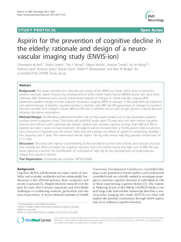 (PDF) Aspirin for the prevention of cognitive decline in the elderly rationale and design of a