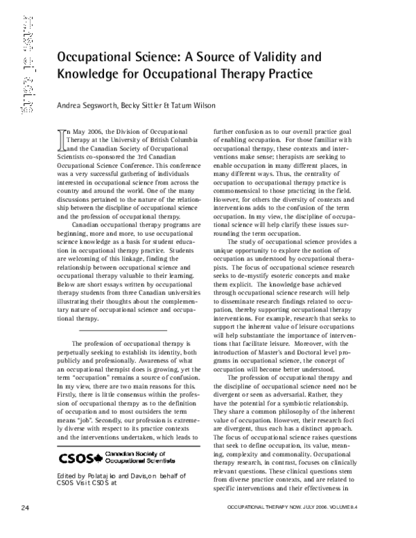 (PDF) Occupational Science: A Source of validity and knowledge for ...