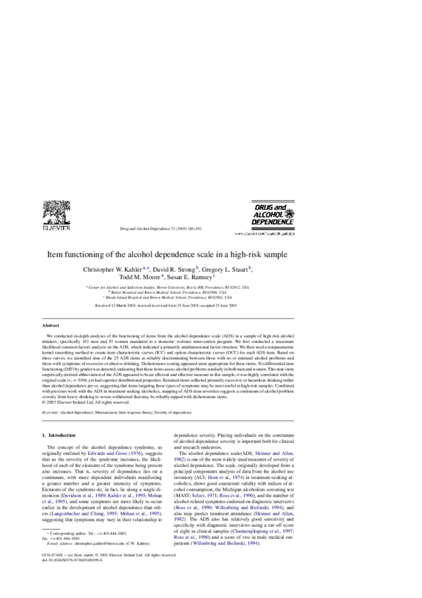 (PDF) Item functioning of the alcohol dependence scale in a highrisk