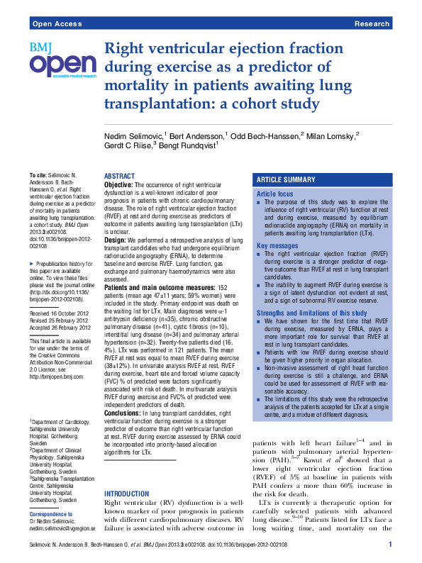 (PDF) Right ventricular ejection fraction during exercise as a ...