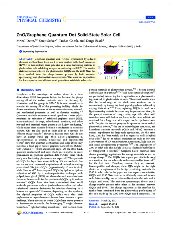 (PDF) ZnO/Graphene Quantum Dot Solid-State Solar Cell
