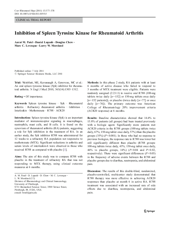 (PDF) Inhibition of Spleen Tyrosine Kinase for Rheumatoid Arthritis