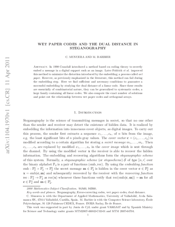 (PDF) Wet paper codes and the dual distance in steganography