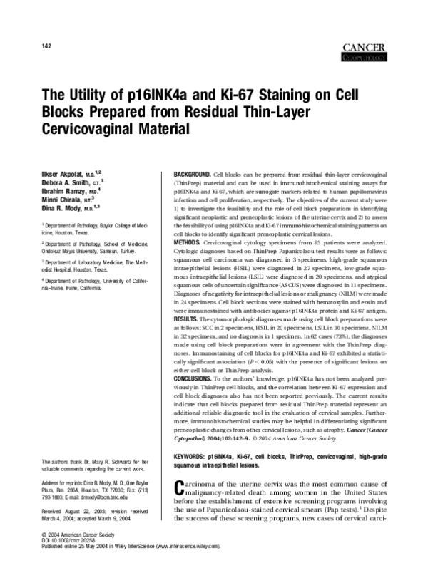 (PDF) The utility of p16INK4a and Ki-67 staining on cell blocks ...