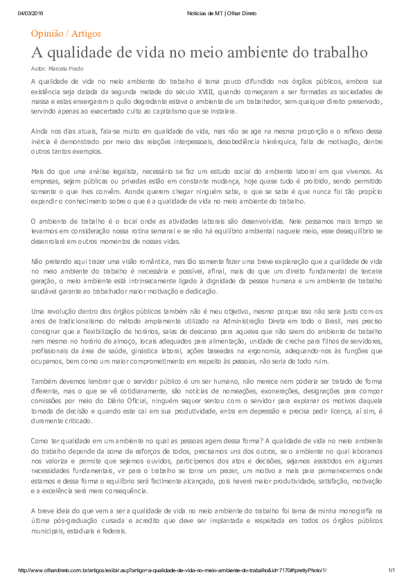 (PDF) Opinião / Artigos A qualidade de vida no meio ambiente do trabalho