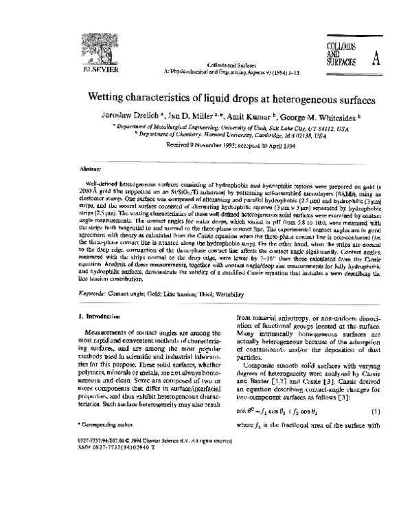 (PDF) Wetting characteristics of liquid drops at heterogeneous surfaces
