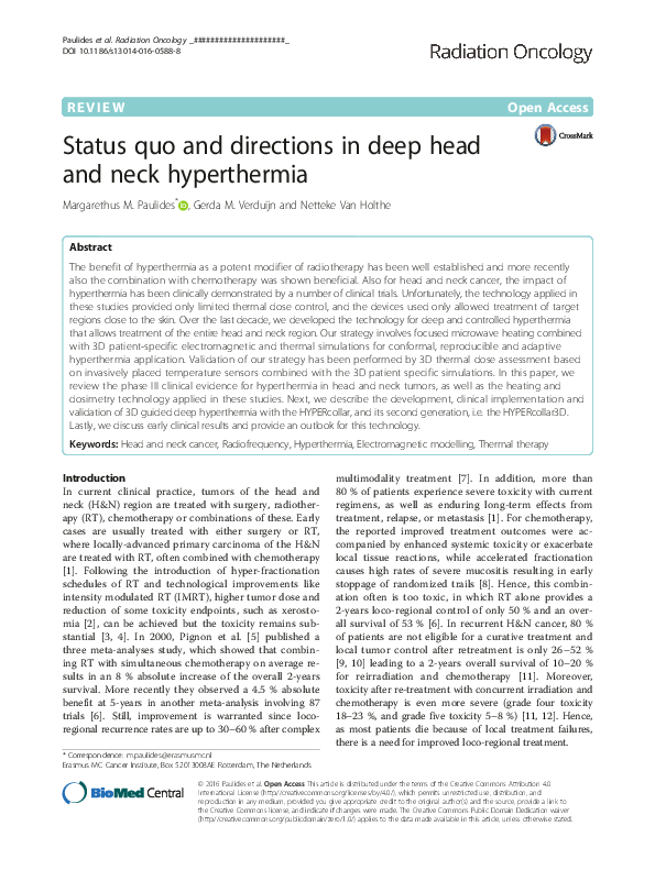 (PDF) Status quo and directions in deep head and neck hyperthermia