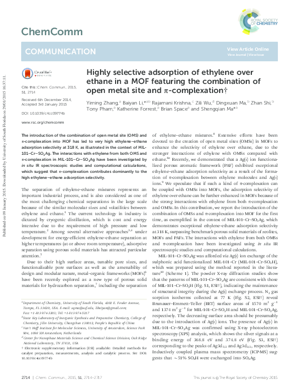 (PDF) Highly selective adsorption of ethylene over ethane in a MOF ...