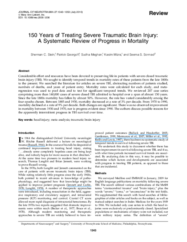 (PDF) 150 Years of Treating Severe Traumatic Brain Injury: A Systematic ...