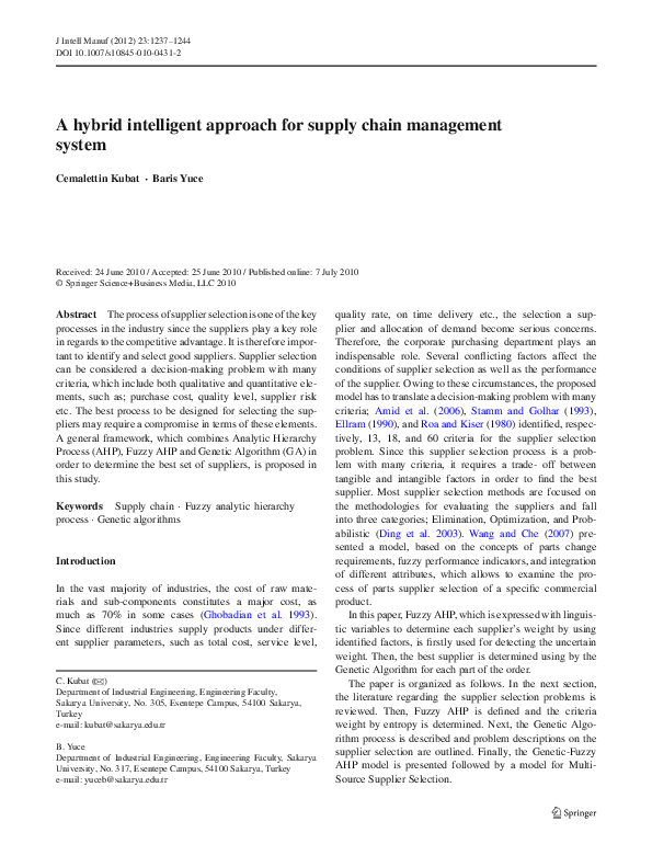 (PDF) A hybrid intelligent approach for supply chain management system