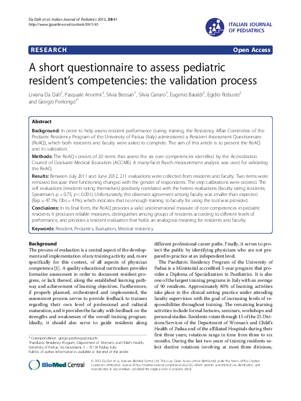 (PDF) A short questionnaire to assess pediatric resident’s competencies ...