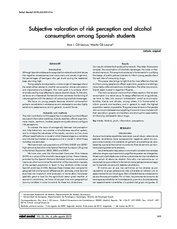 (PDF) Subjective valoration of risk perception and alcohol consumption ...