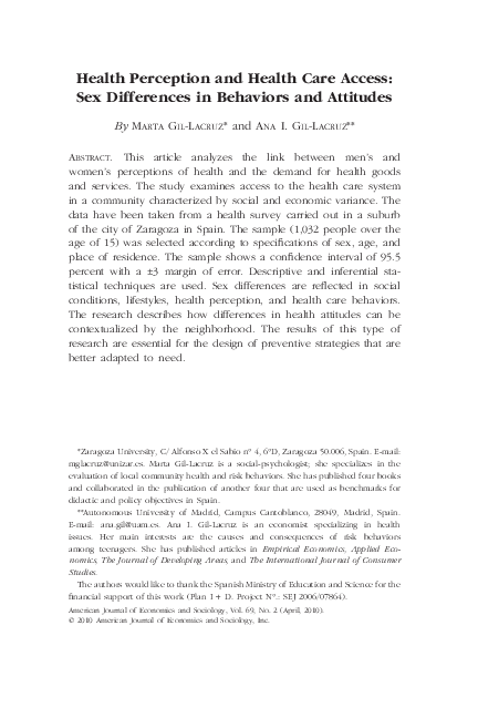 (PDF) Health Perception and Health Care Access: Sex Differences in ...