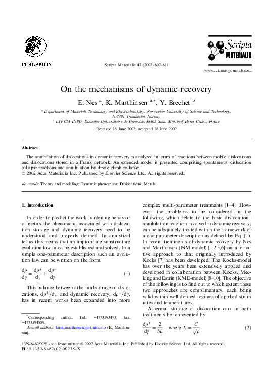 Pdf On The Mechanisms Of Dynamic Recovery Knut Marthinsen Academia Edu