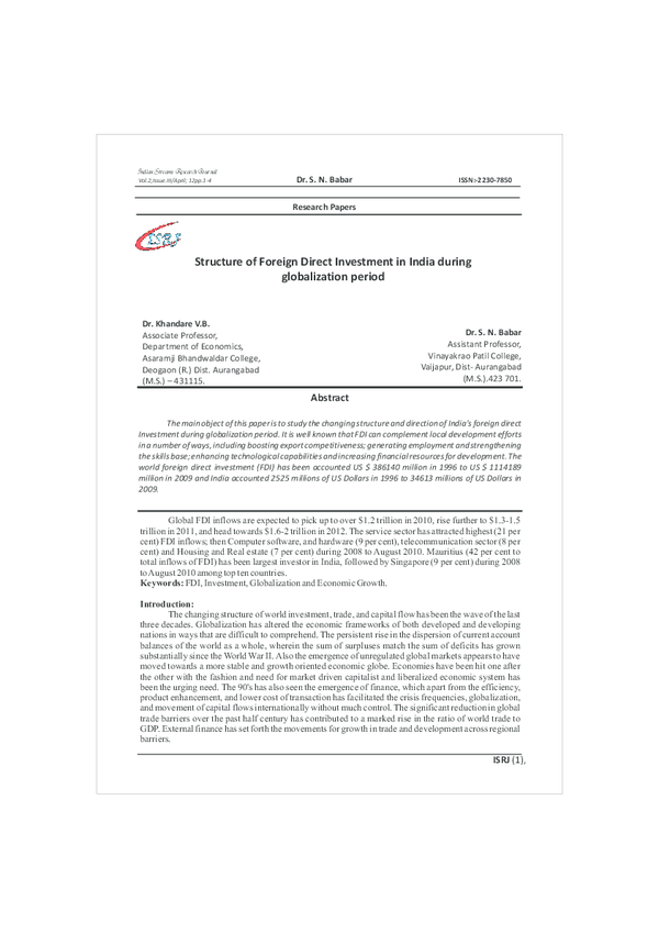 (PDF) Structure of Foreign Direct Investment in India during ...