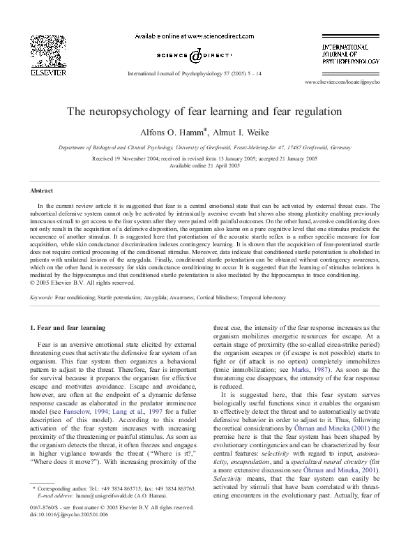 (PDF) The neuropsychology of fear learning and fear regulation
