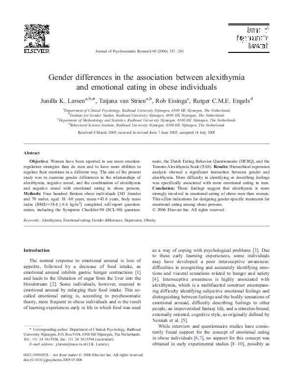 (PDF) Gender differences in the association between alexithymia and ...