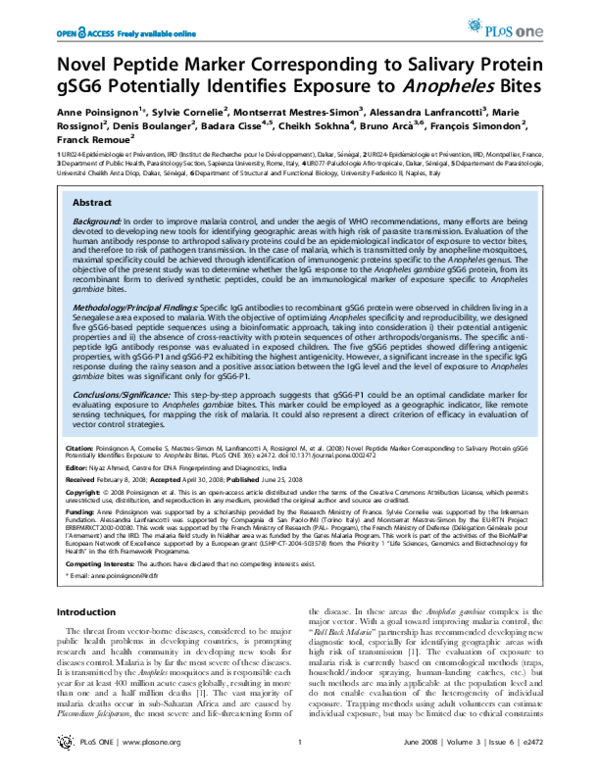 (PDF) Novel Peptide Marker Corresponding to Salivary Protein gSG6 ...