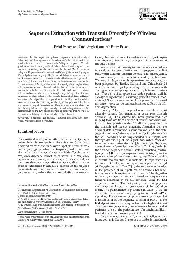 (PDF) Sequence Estimation with Transmit Diversity for Wireless ...