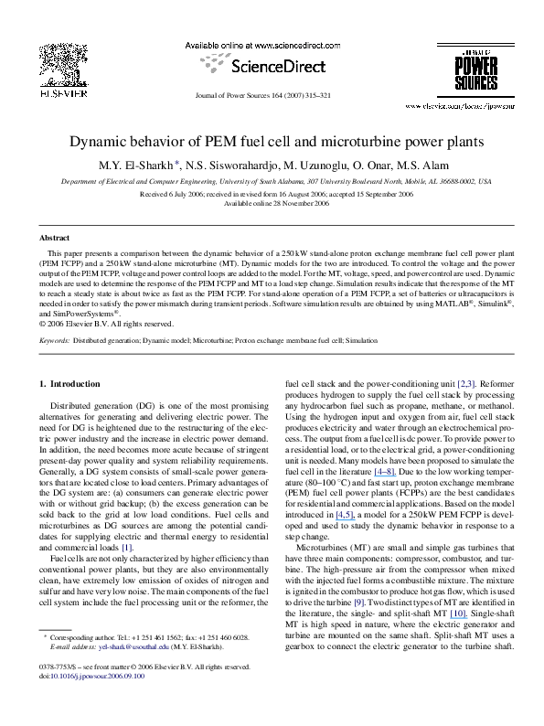 (PDF) Dynamic behavior of PEM fuel cell and microturbine power plants
