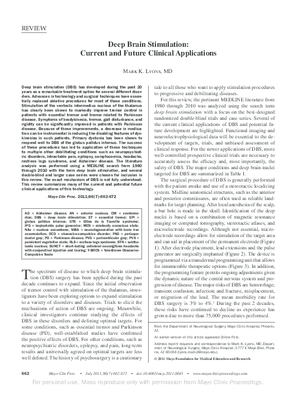 (PDF) Deep Brain Stimulation: Current and Future Clinical Applications