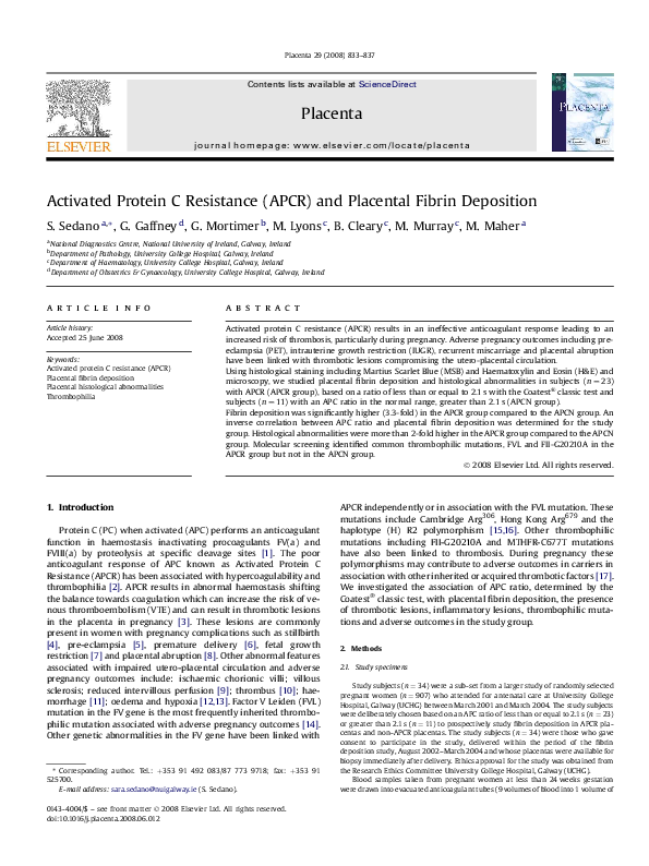 (PDF) Activated protein C resistance (APCR) and placental fibrin