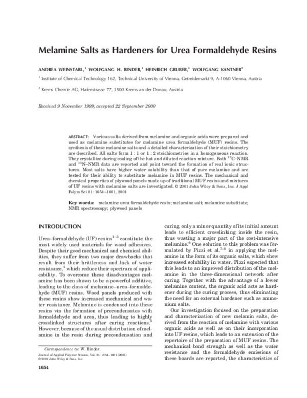 (PDF) Melamine salts as hardeners for urea formaldehyde resins H