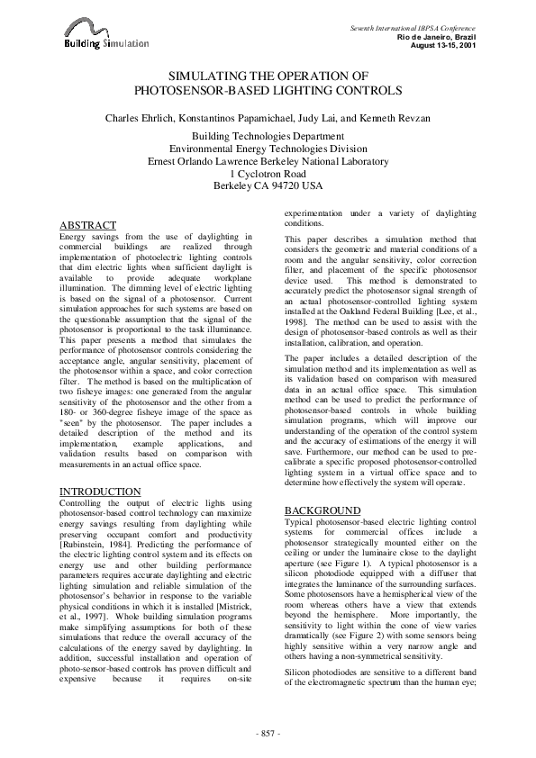 (PDF) Simulating the operation of photosensor-based lighting controls