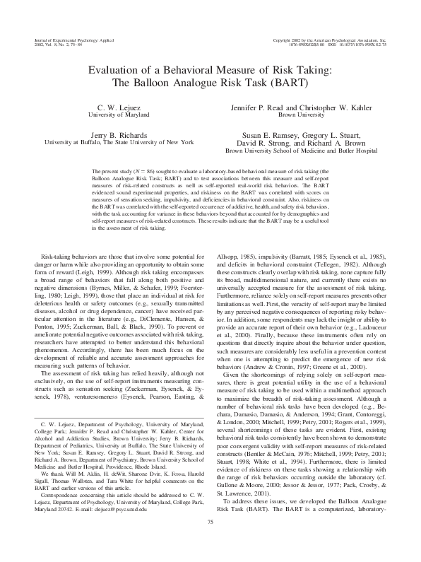 (PDF) Evaluation of a Behavioral Measure of Risk Taking: The Balloon ...