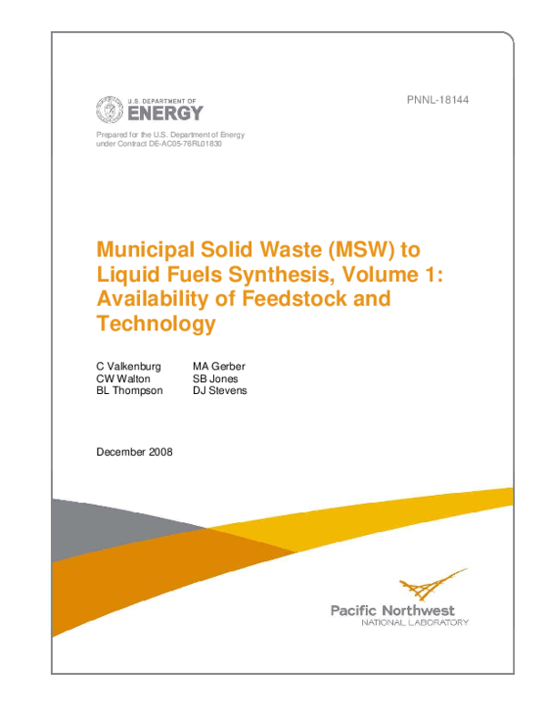 (PDF) Municipal Solid Waste (MSW) to Liquid Fuels Synthesis, Volume 1 ...