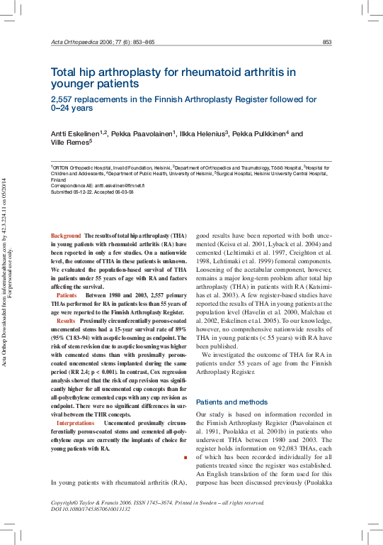 (PDF) Total hip arthroplasty for rheumatoid arthritis in younger ...