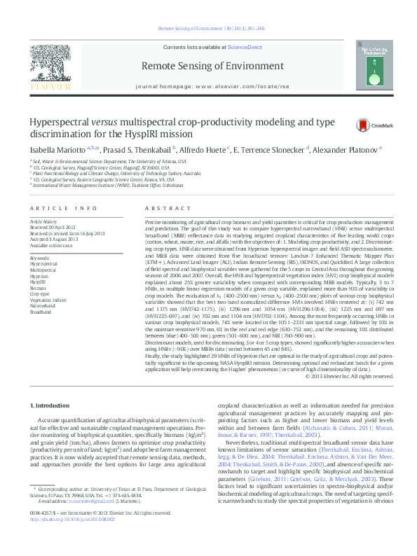 (PDF) Hyperspectral versus multispectral crop-productivity modeling and ...