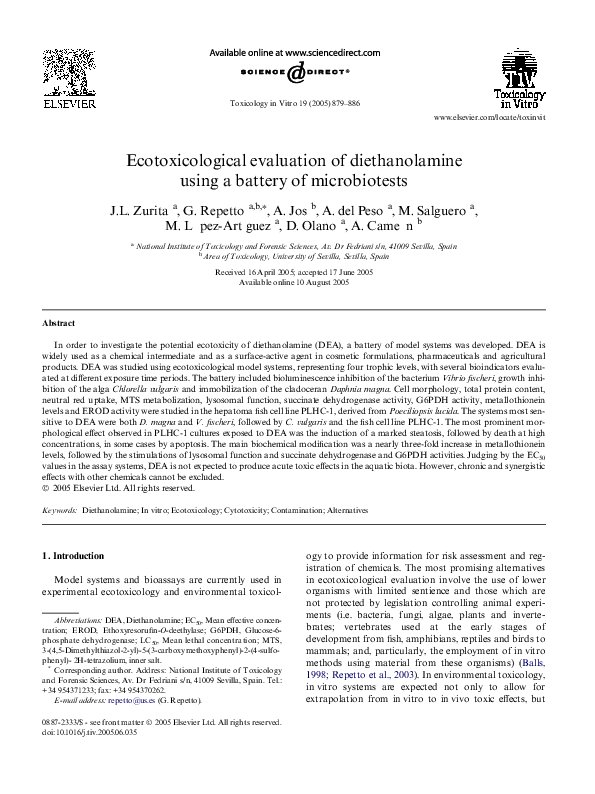 (PDF) Ecotoxicological evaluation of diethanolamine using a battery of