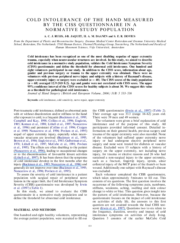 (PDF) Cold Intolerance of the hand measured by the CISS questionnaire