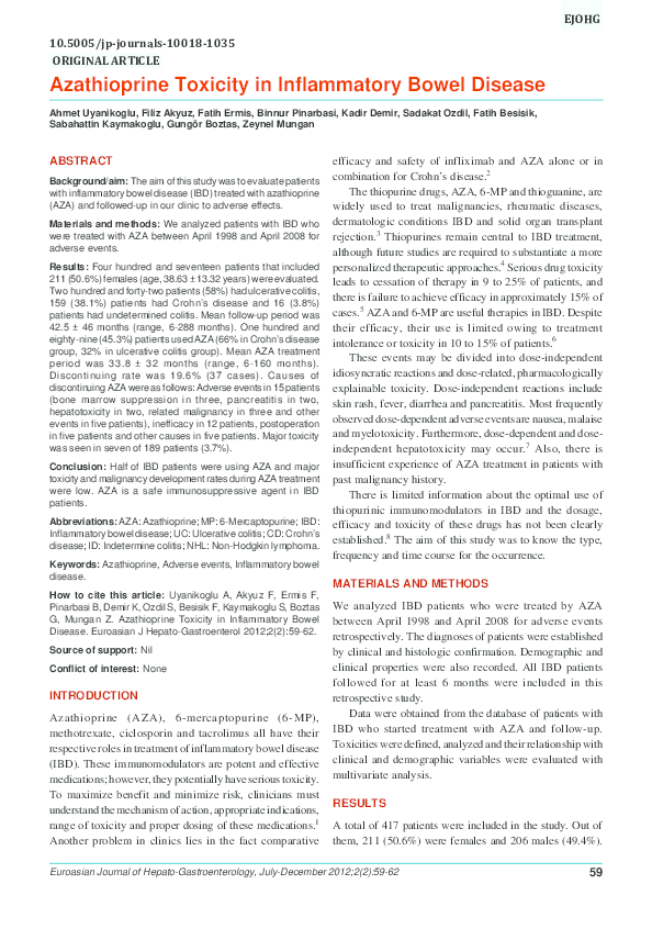 Pdf Azathioprine Toxicity In Inflammatory Bowel Disease