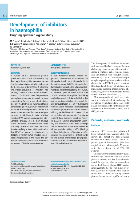 (PDF) Development of inhibitors in haemophilia. Ongoing epidemiological ...