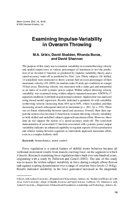 Pdf Examining Impulse Variability In Overarm Throwing