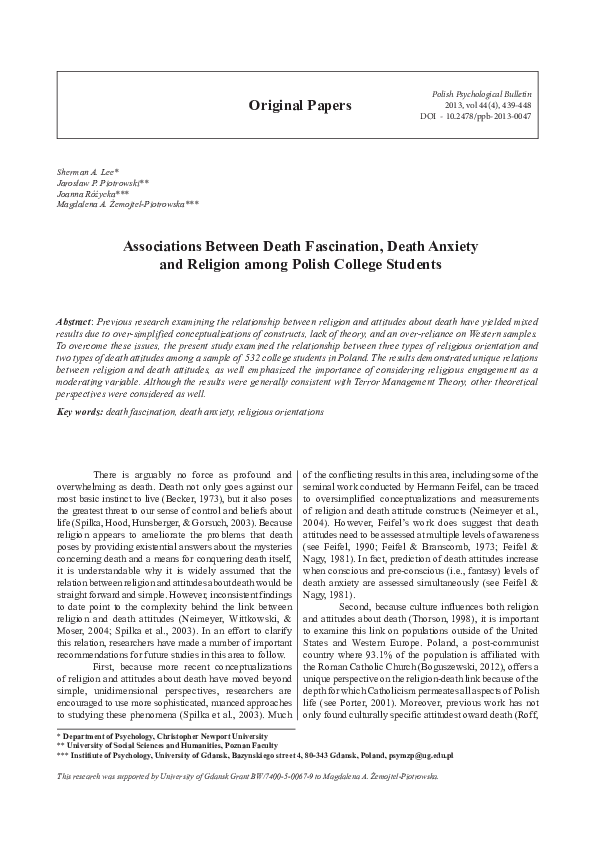 (PDF) Associations Between Death Fascination, Death Anxiety and ...