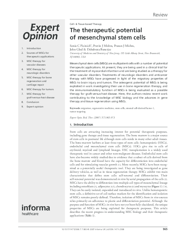 (PDF) The therapeutic potential of mesenchymal stem cells