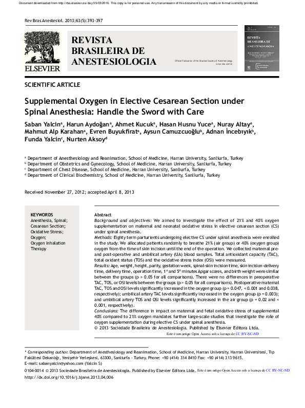 (PDF) Supplemental Oxygen in Elective Cesarean Section