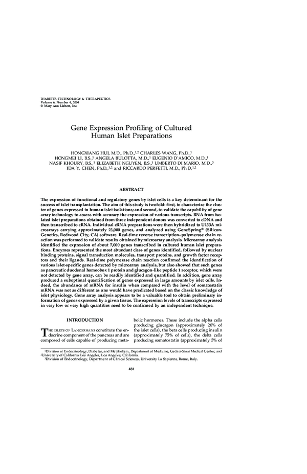 (PDF) Gene Expression Profiling of Cultured Human Islet Preparations