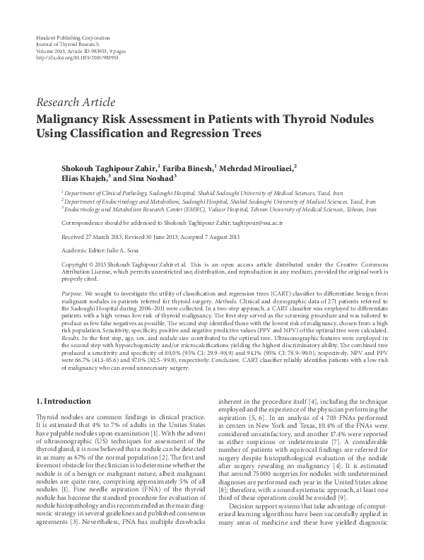 (PDF) Malignancy Risk Assessment in Patients with Thyroid Nodules Using ...