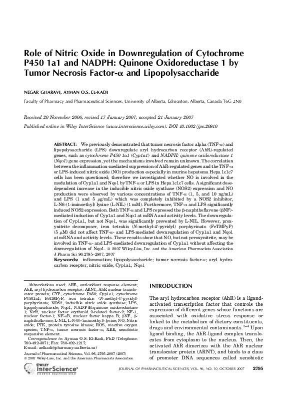 (PDF) Role of nitric oxide in downregulation of cytochrome P450 1a1 and ...
