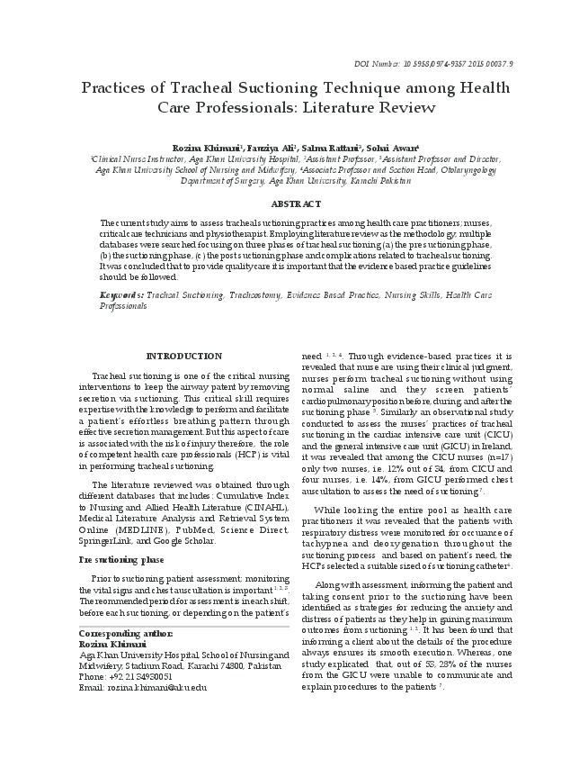(PDF) Practices of Tracheal Suctioning Technique among Health Care ...