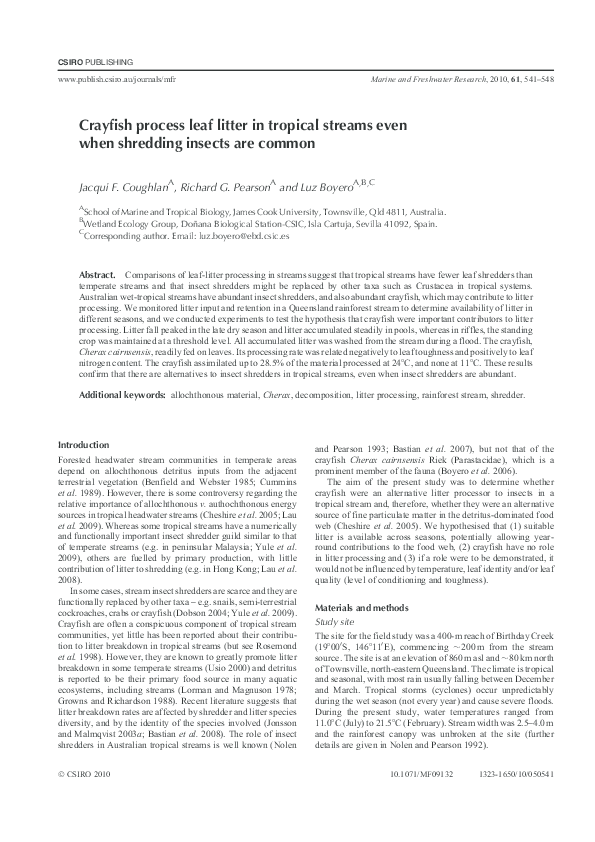 (PDF) Crayfish process leaf litter in tropical streams even when ...