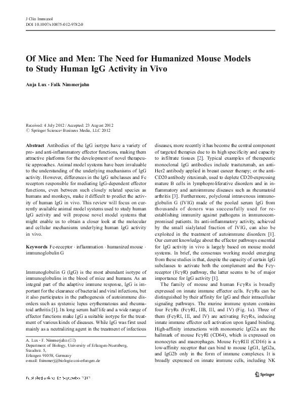 (PDF) Of Mice and Men: The Need for Humanized Mouse Models to Study ...