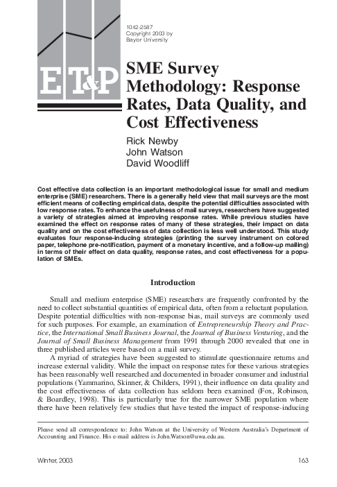 (PDF) SME Survey Methodology: Response Rates, Data Quality, and Cost ...